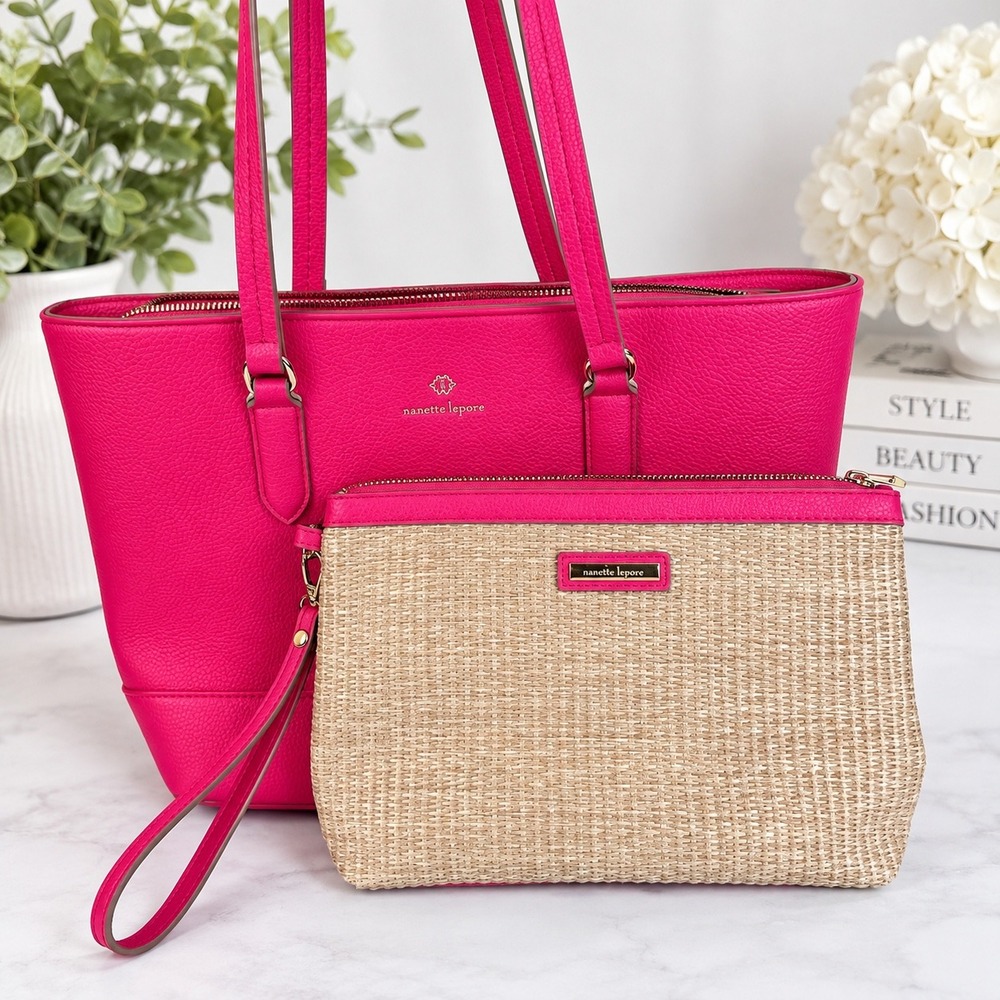 Nanette Lepore Purse Tote Bag and Clutch Wristlet Set Pink Straw Pebble Resort